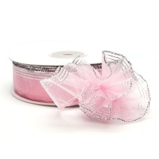 .875 Inch Lt. Pink Organza Pull A Bow Ribbon With 4 Rows of Silver Stripe Accents, 7/8 Inch x 25 Yards (Lot of 1 Spool) SALE ITEM